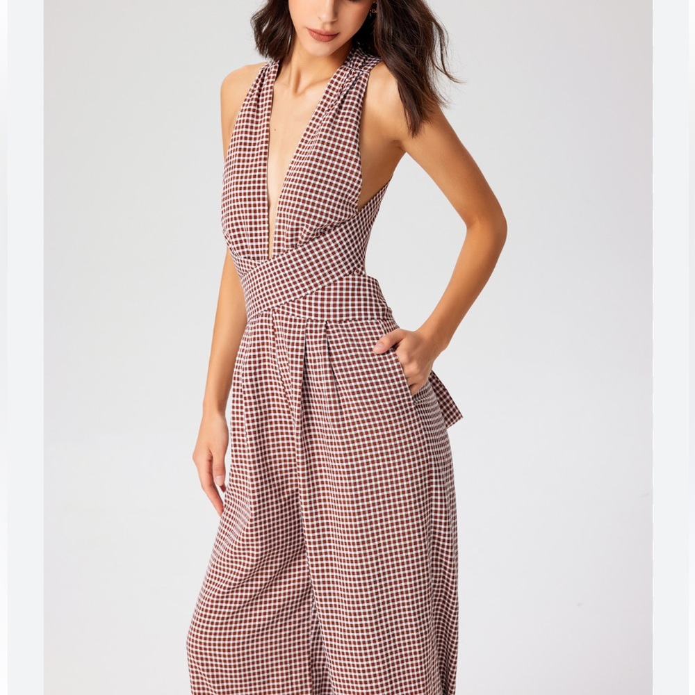 Cider Brown Gingham Plunge V-Neck One Piece Wide Leg Pantsuit Jumpsuit Size XL - Picture 6 of 16